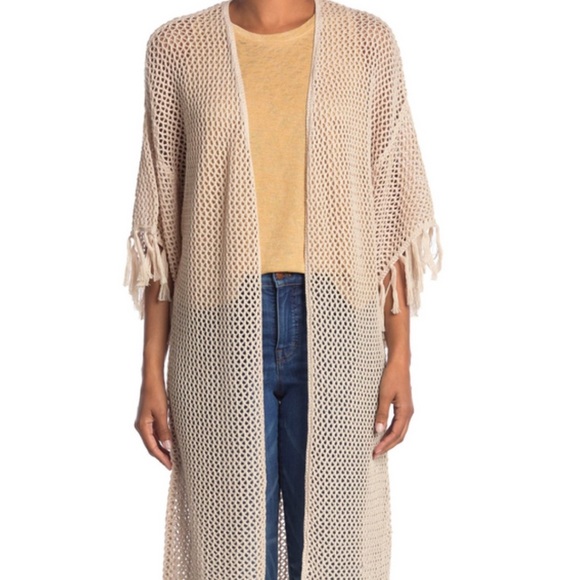 New with tag Wildfox Kelso Fringe Sleeve Cream Crochet Long Kimono Wrap Cardigan - Picture 3 of 16